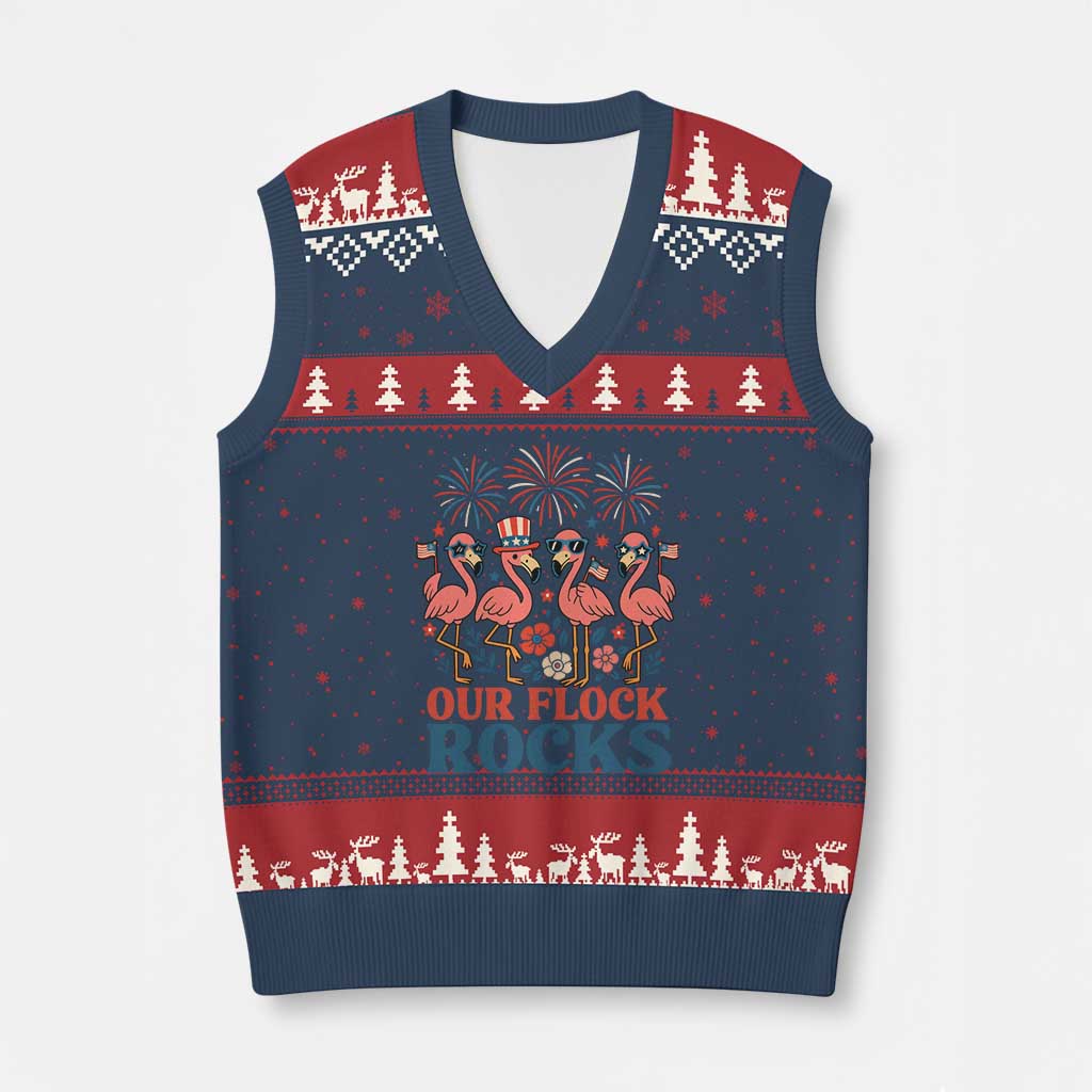 Our Flock Rocks Patriotic Flamingo V-Neck Knit Sweater Vest Funny 4th of July Family Matching - Wonder Print Shop
