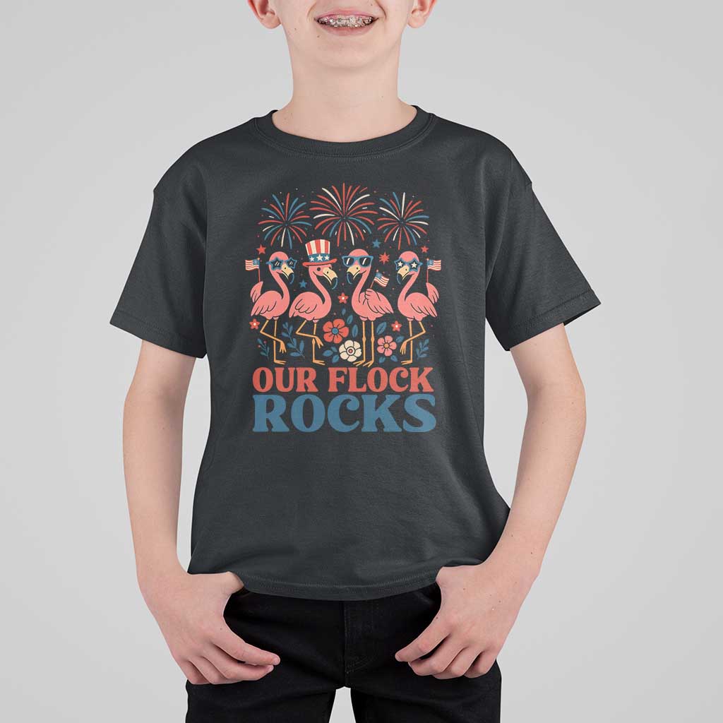 Our Flock Rocks Patriotic Flamingo T Shirt For Kid Funny 4th of July Family Matching - Wonder Print Shop
