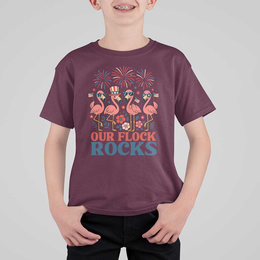 Our Flock Rocks Patriotic Flamingo T Shirt For Kid Funny 4th of July Family Matching - Wonder Print Shop