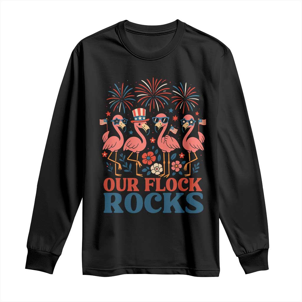 Our Flock Rocks Patriotic Flamingo Long Sleeve Shirt Funny 4th of July Family Matching - Wonder Print Shop