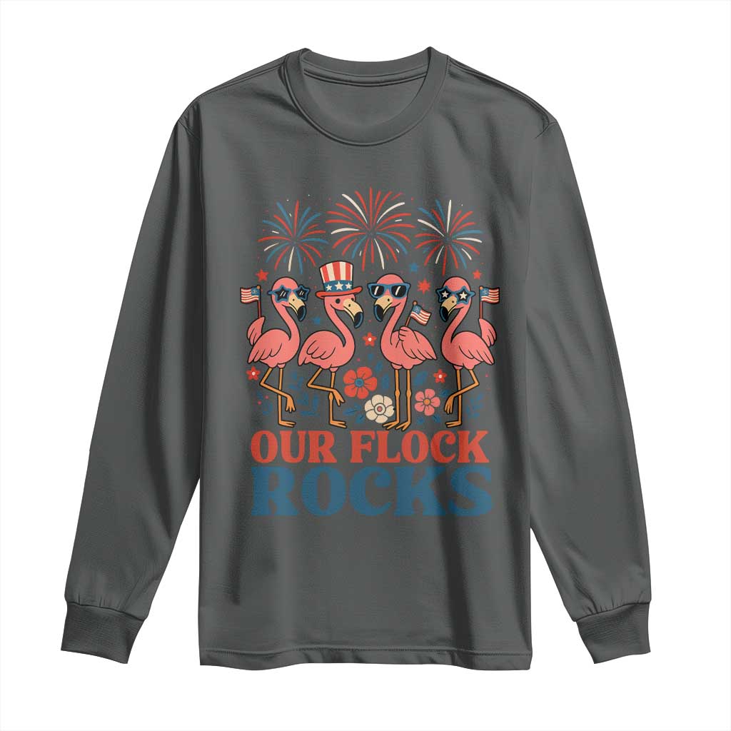 Our Flock Rocks Patriotic Flamingo Long Sleeve Shirt Funny 4th of July Family Matching - Wonder Print Shop