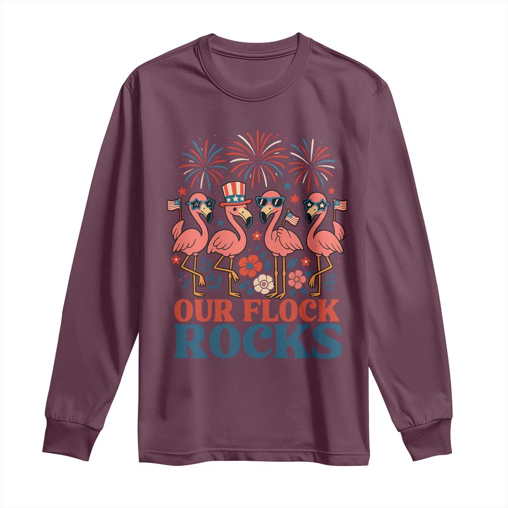 Our Flock Rocks Patriotic Flamingo Long Sleeve Shirt Funny 4th of July Family Matching - Wonder Print Shop