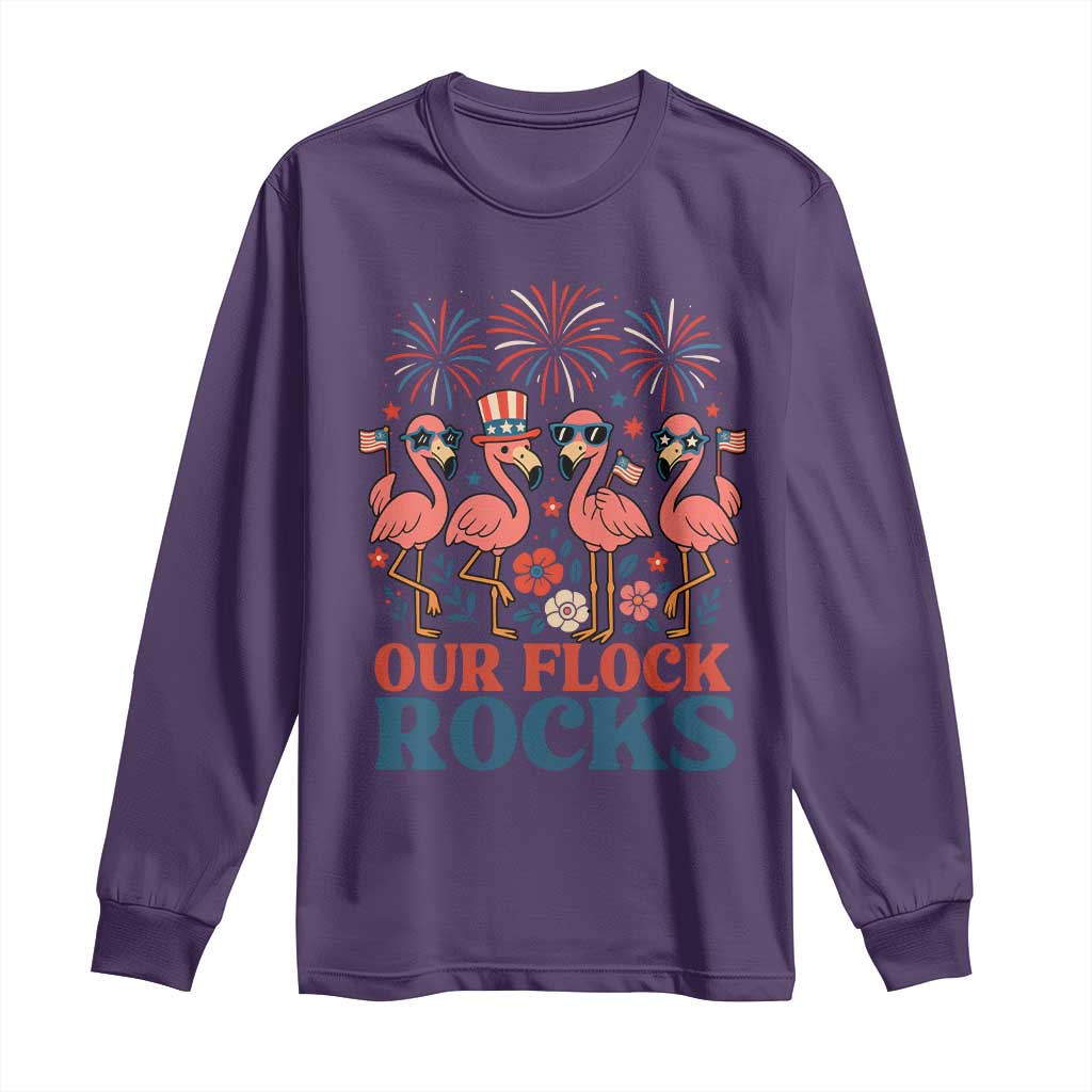 Our Flock Rocks Patriotic Flamingo Long Sleeve Shirt Funny 4th of July Family Matching - Wonder Print Shop