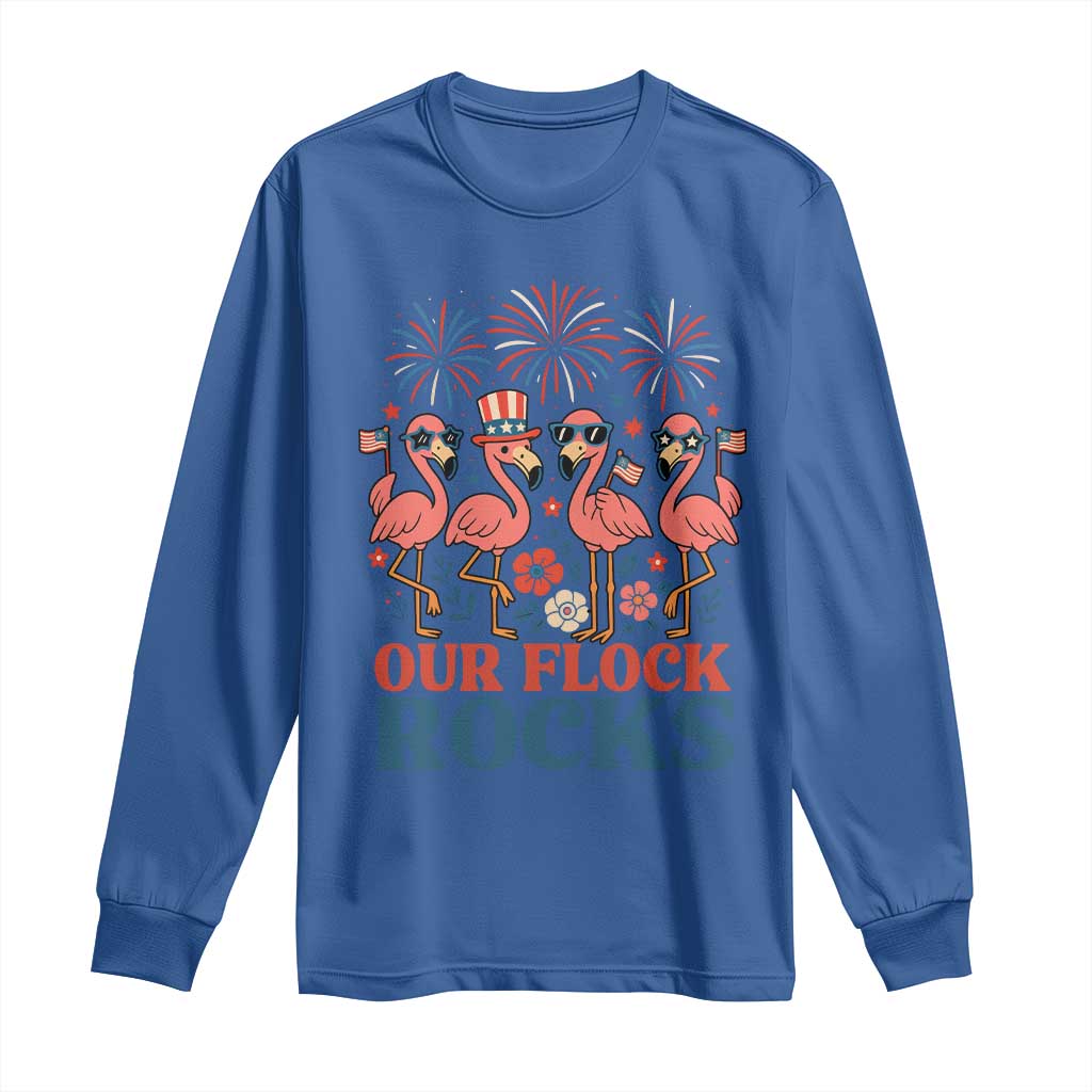 Our Flock Rocks Patriotic Flamingo Long Sleeve Shirt Funny 4th of July Family Matching - Wonder Print Shop