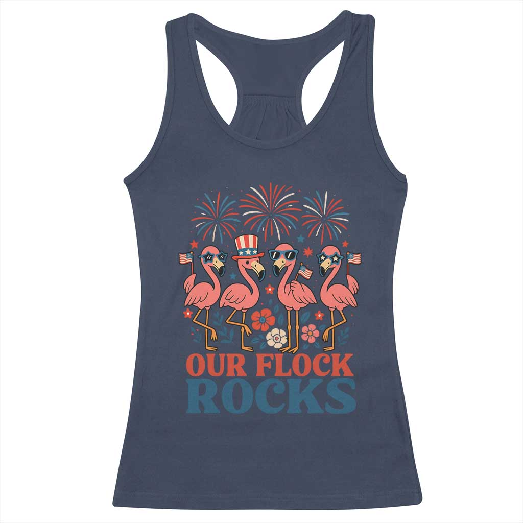 Our Flock Rocks Patriotic Flamingo Racerback Tank Top Funny 4th of July Family Matching - Wonder Print Shop