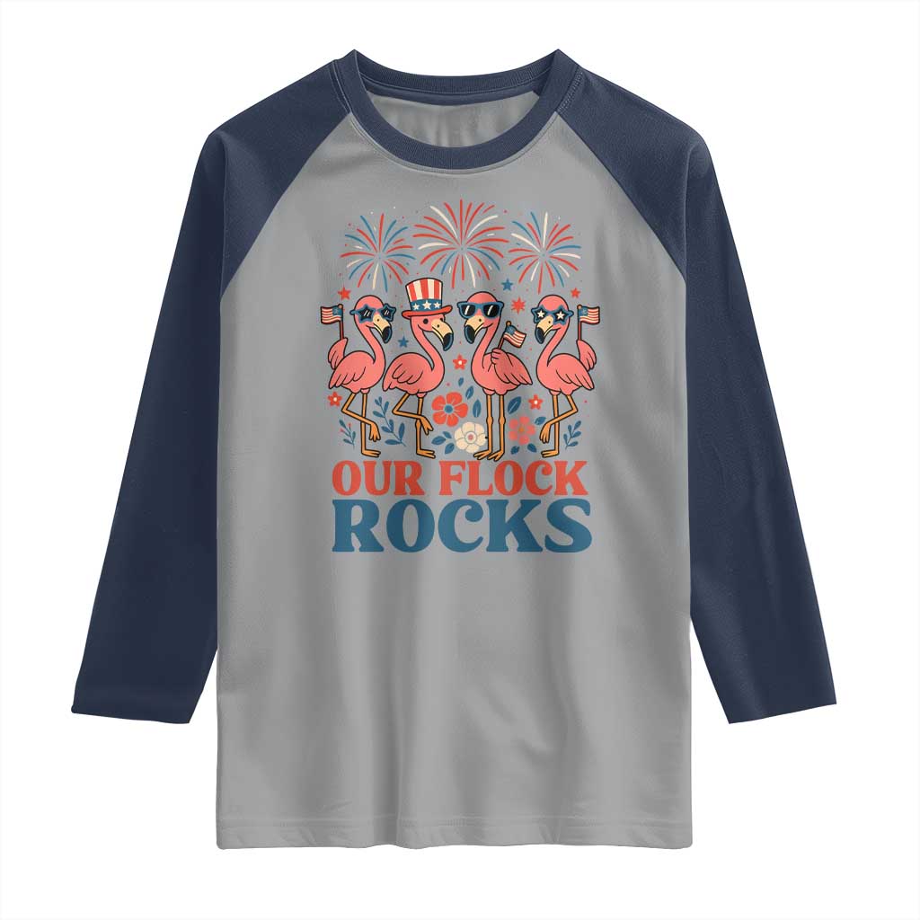 Our Flock Rocks Patriotic Flamingo Raglan Shirt Funny 4th of July Family Matching - Wonder Print Shop