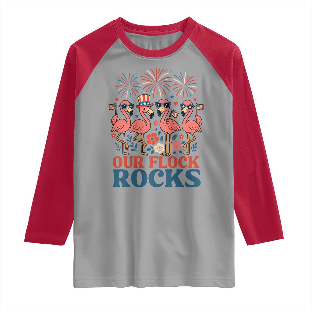 Our Flock Rocks Patriotic Flamingo Raglan Shirt Funny 4th of July Family Matching - Wonder Print Shop