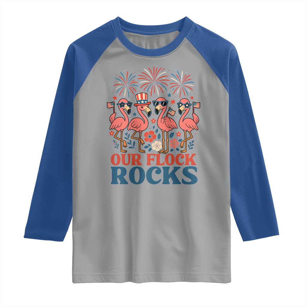 Our Flock Rocks Patriotic Flamingo Raglan Shirt Funny 4th of July Family Matching - Wonder Print Shop