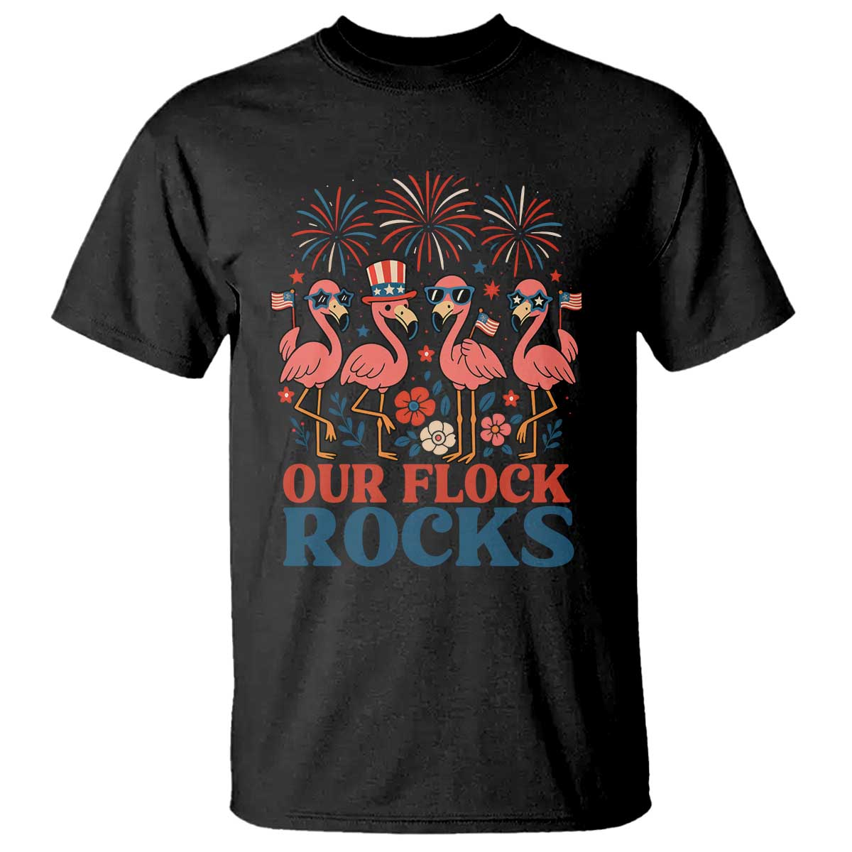 Our Flock Rocks Patriotic Flamingo T Shirt Funny 4th of July Family Matching - Wonder Print Shop