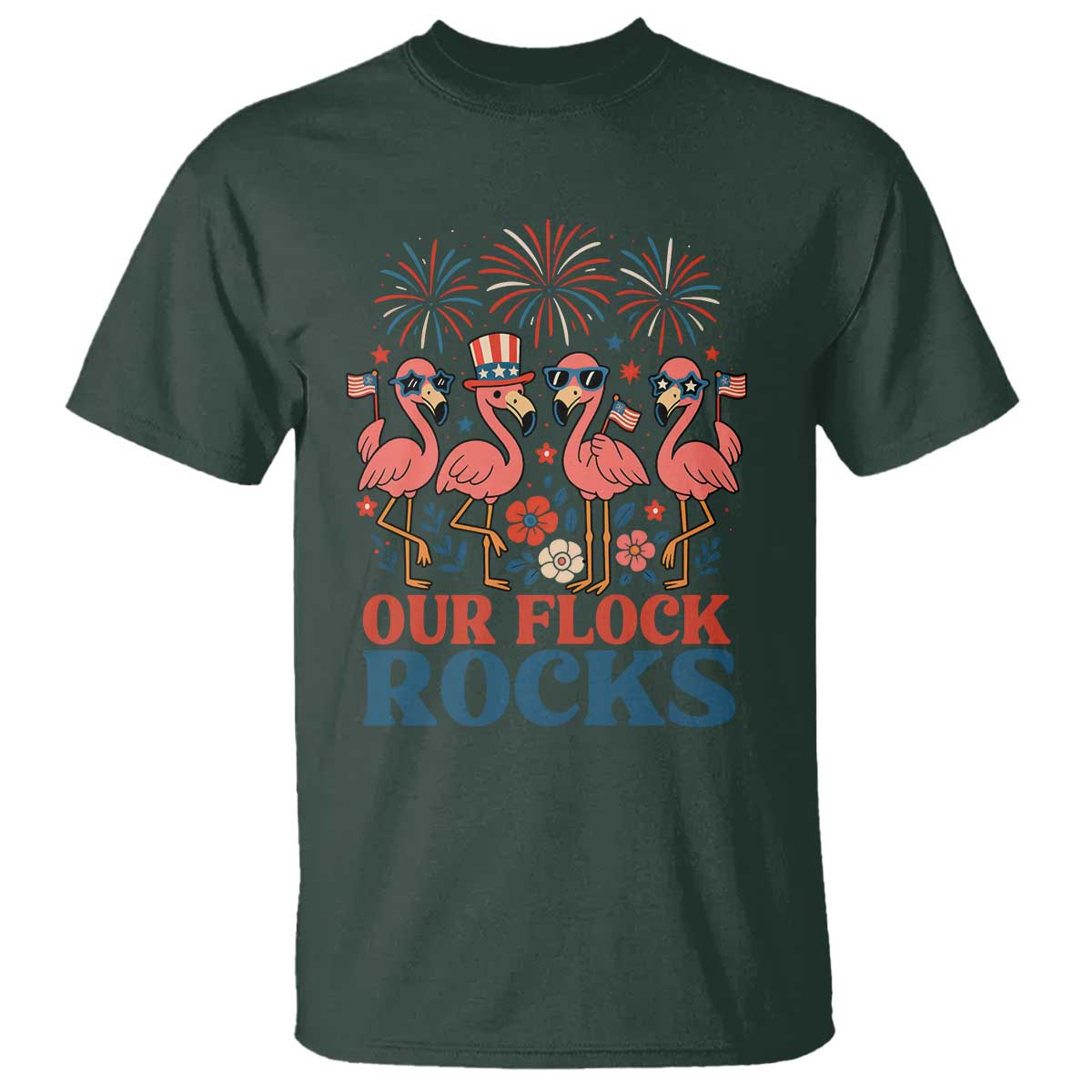 Our Flock Rocks Patriotic Flamingo T Shirt Funny 4th of July Family Matching - Wonder Print Shop