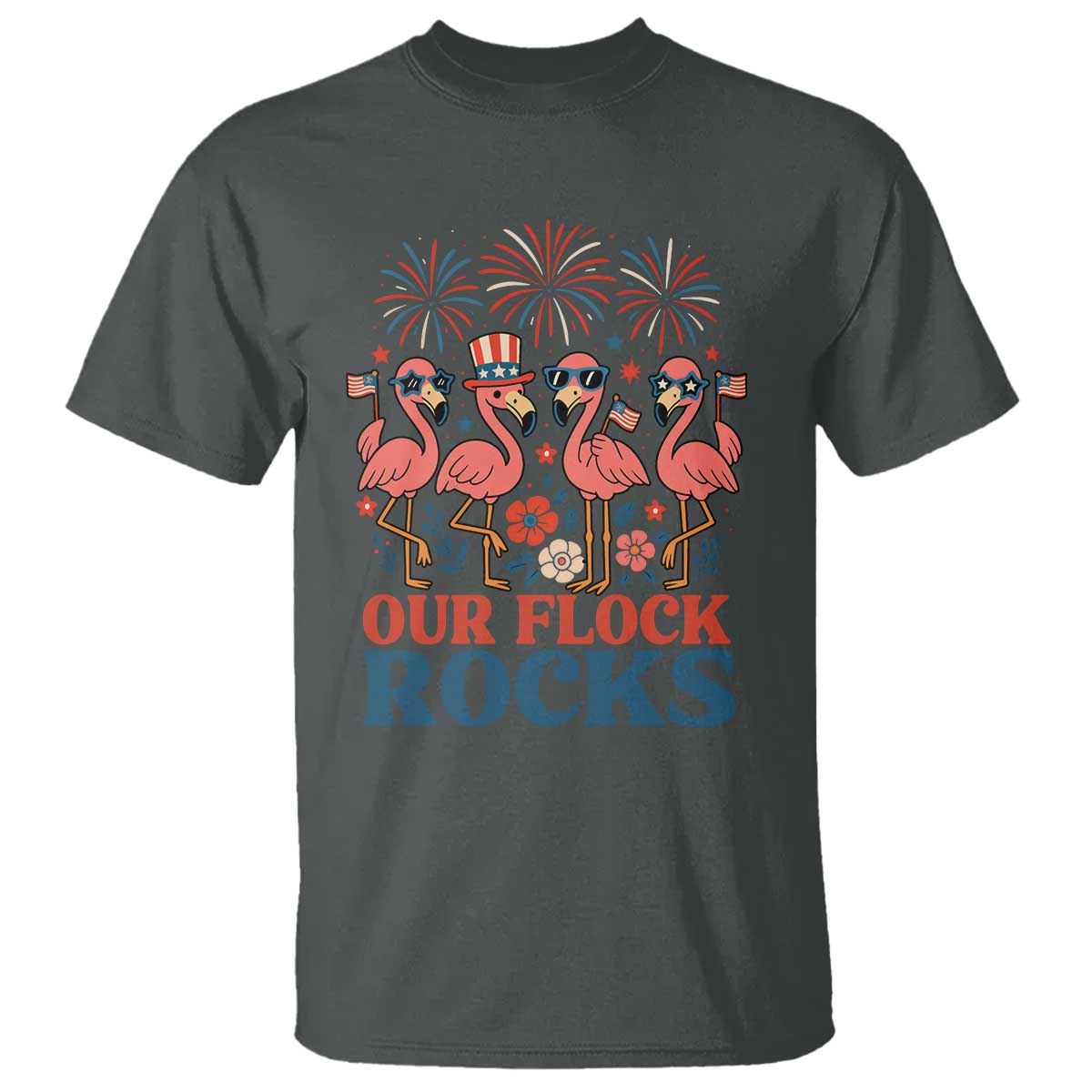 Our Flock Rocks Patriotic Flamingo T Shirt Funny 4th of July Family Matching - Wonder Print Shop