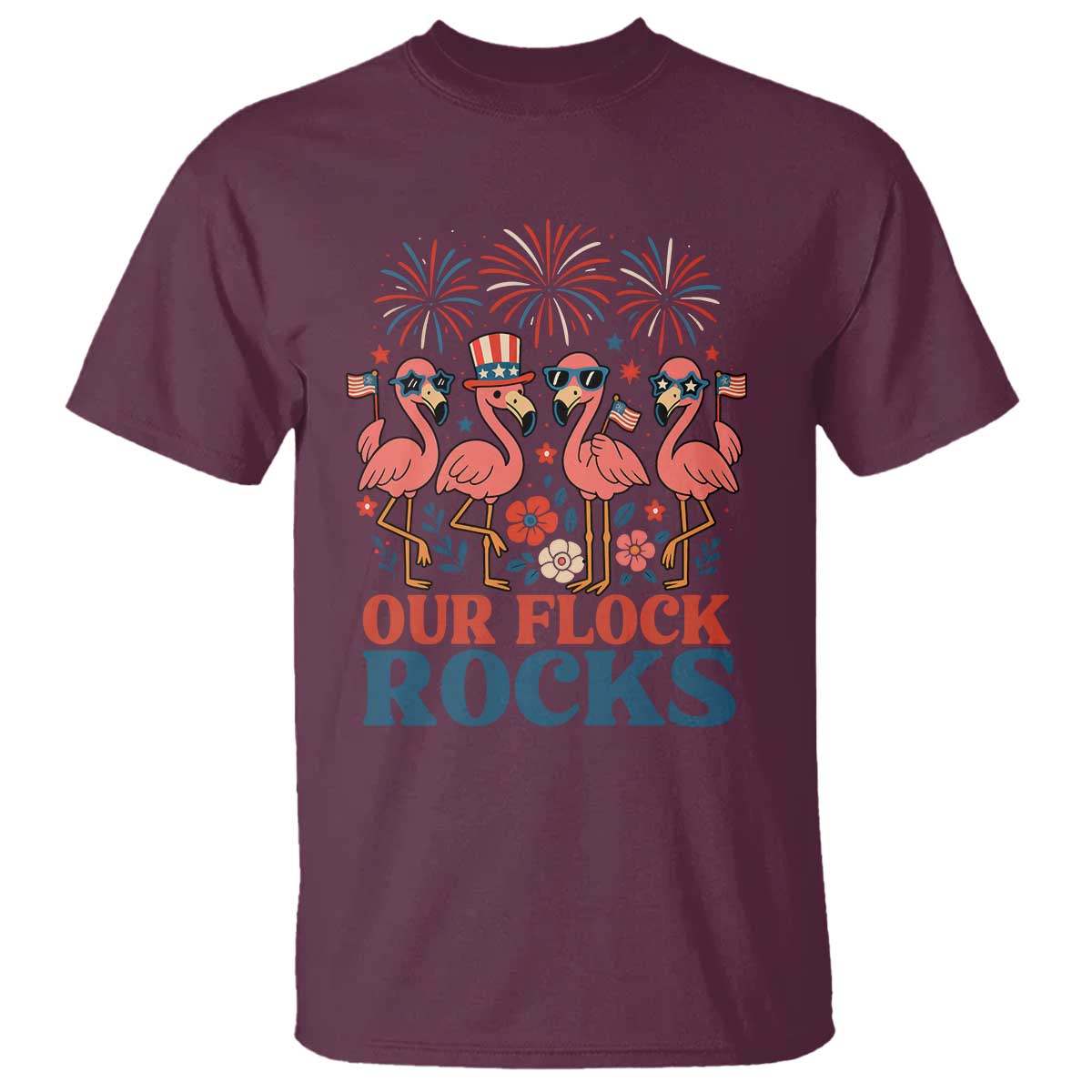 Our Flock Rocks Patriotic Flamingo T Shirt Funny 4th of July Family Matching - Wonder Print Shop