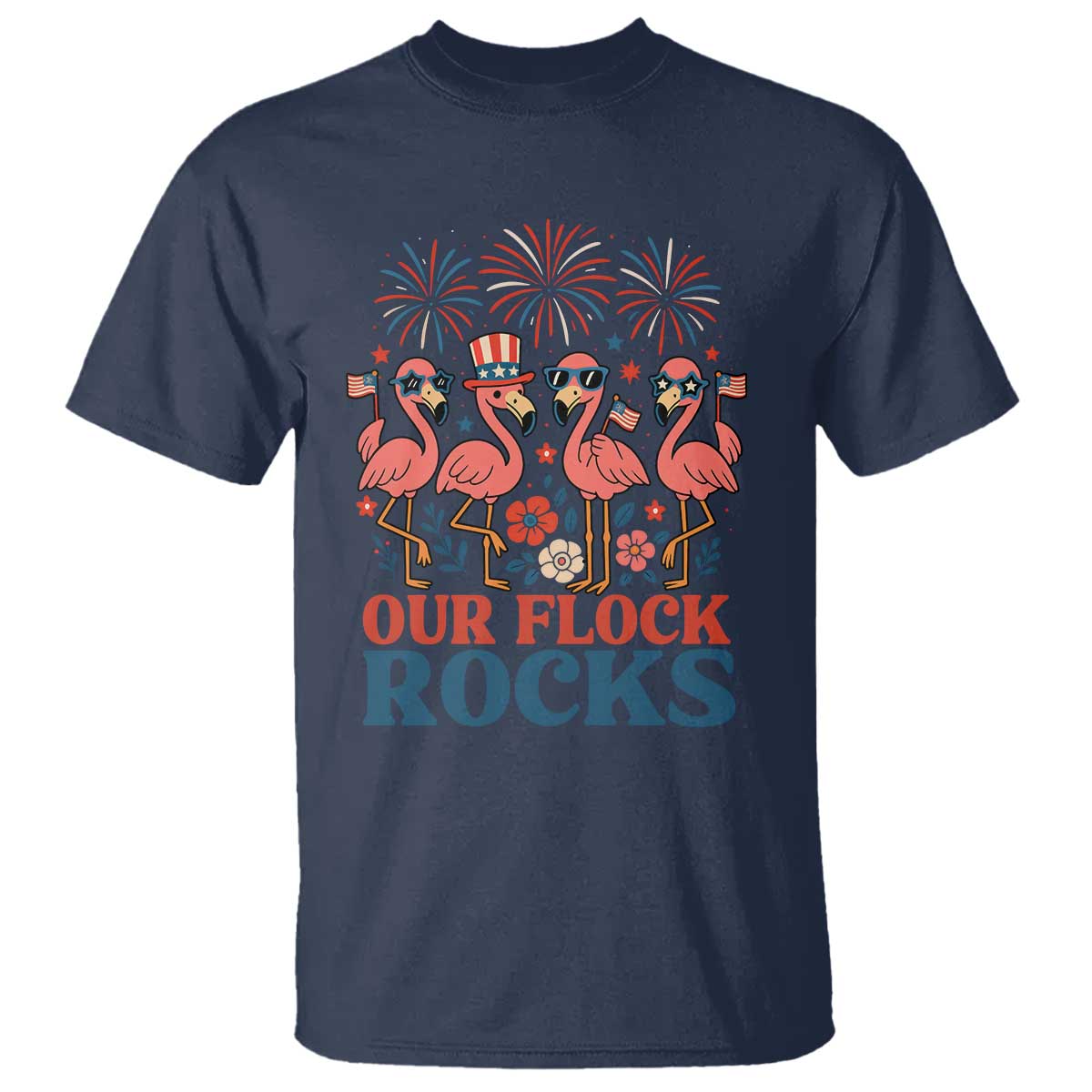 Our Flock Rocks Patriotic Flamingo T Shirt Funny 4th of July Family Matching - Wonder Print Shop