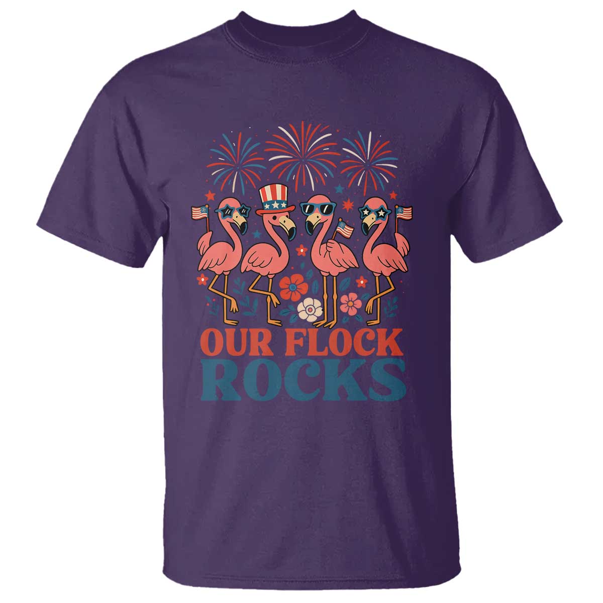 Our Flock Rocks Patriotic Flamingo T Shirt Funny 4th of July Family Matching - Wonder Print Shop