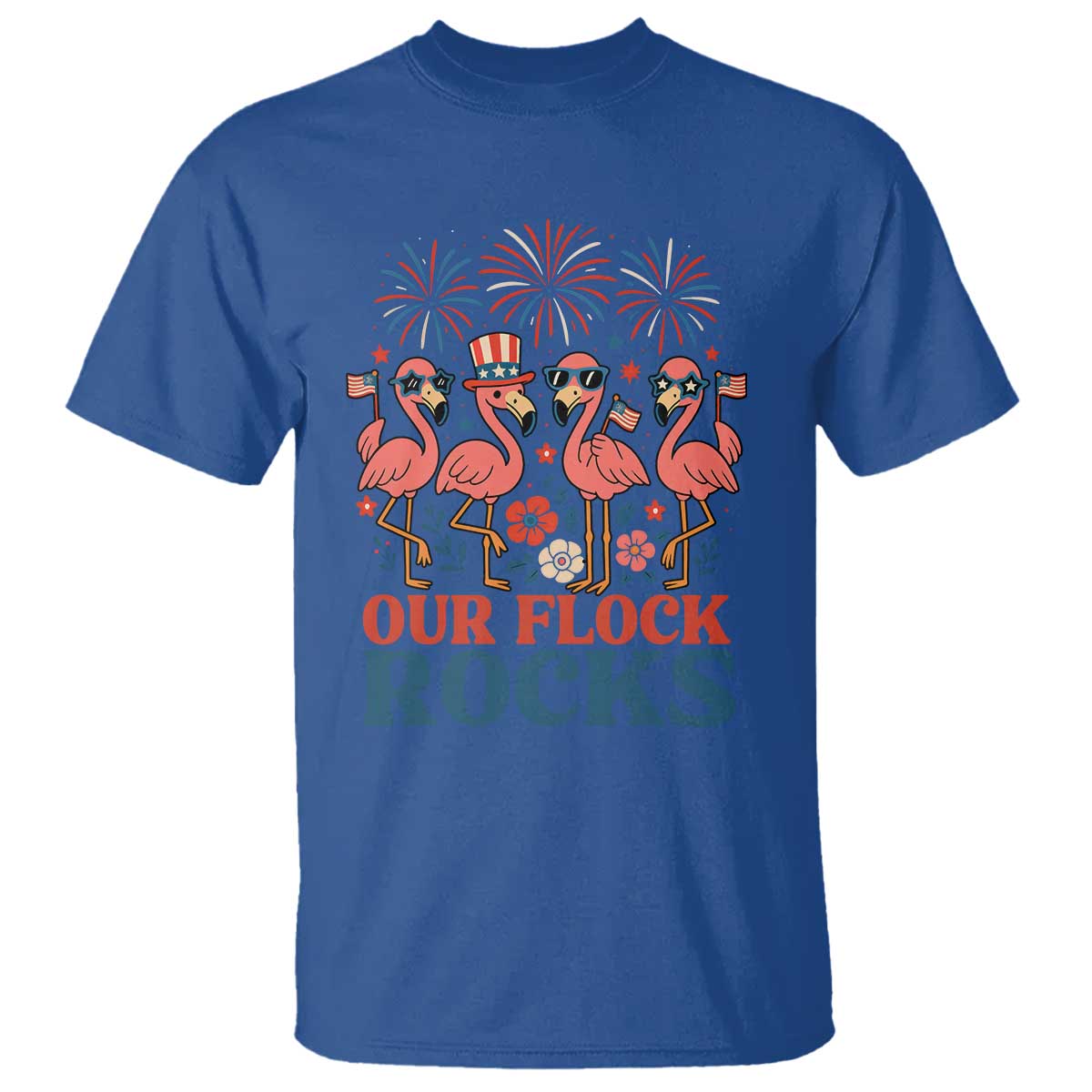 Our Flock Rocks Patriotic Flamingo T Shirt Funny 4th of July Family Matching - Wonder Print Shop