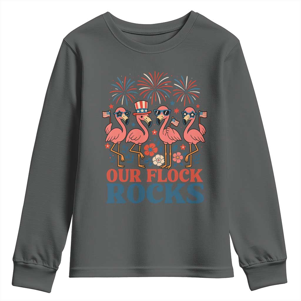 Our Flock Rocks Patriotic Flamingo Youth Sweatshirt Funny 4th of July Family Matching - Wonder Print Shop