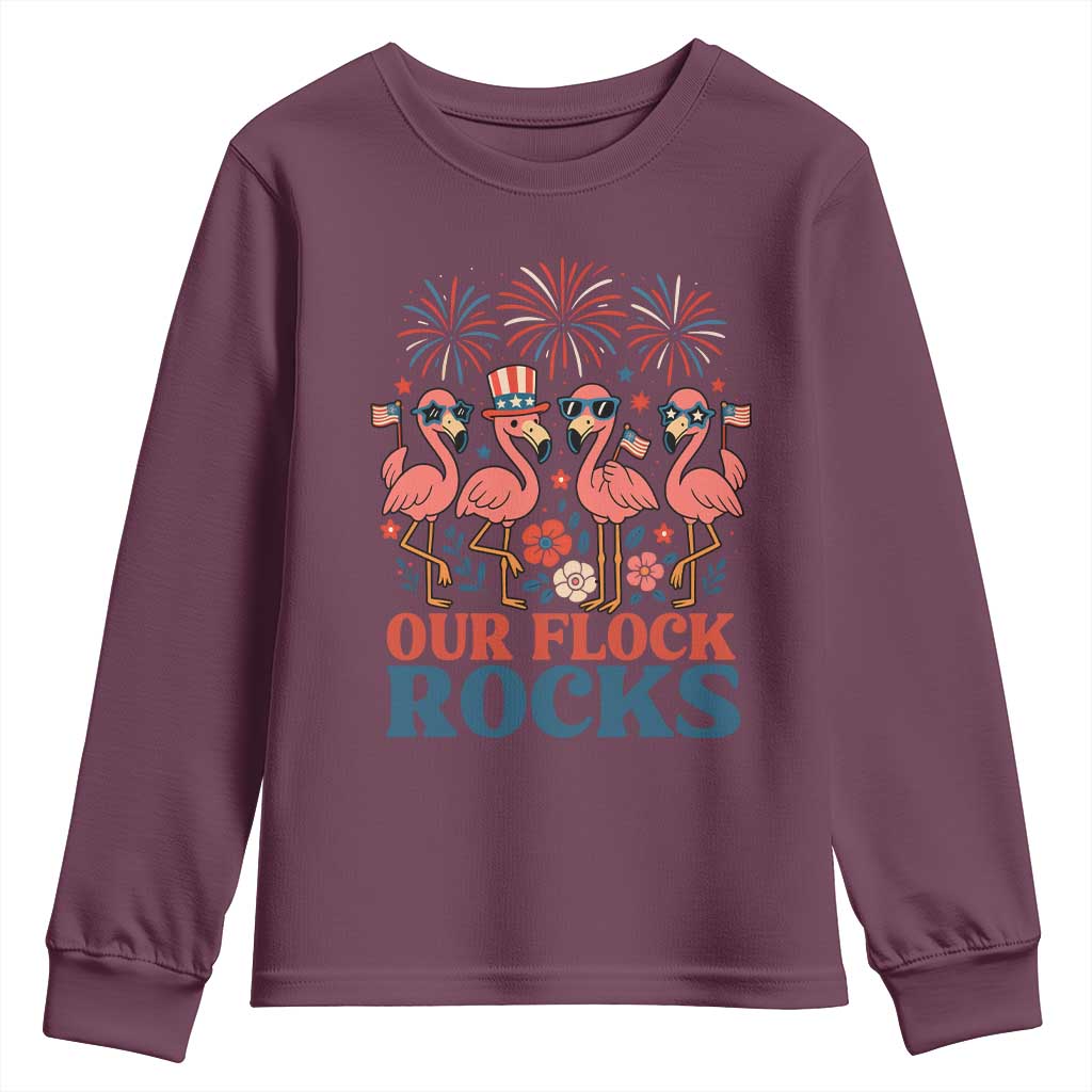 Our Flock Rocks Patriotic Flamingo Youth Sweatshirt Funny 4th of July Family Matching - Wonder Print Shop