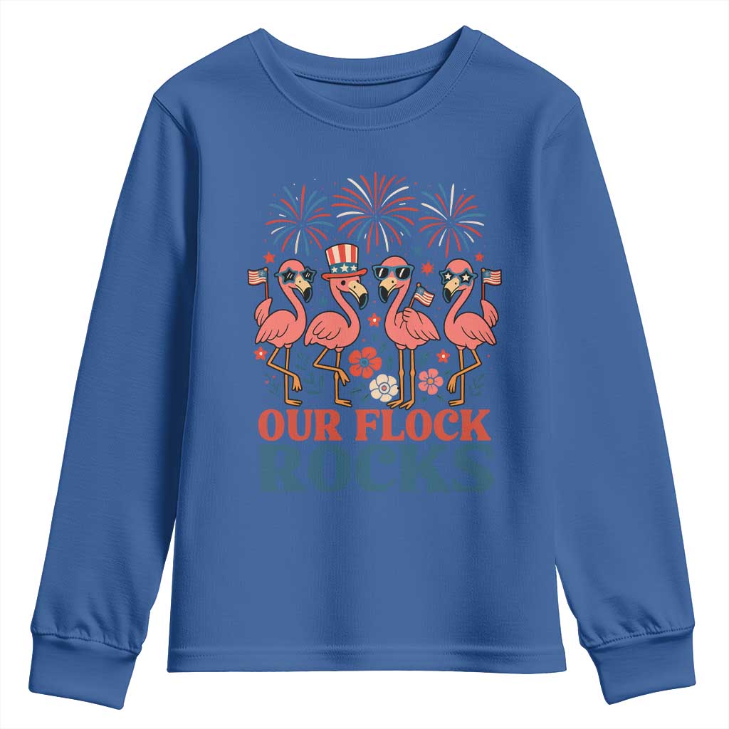 Our Flock Rocks Patriotic Flamingo Youth Sweatshirt Funny 4th of July Family Matching - Wonder Print Shop