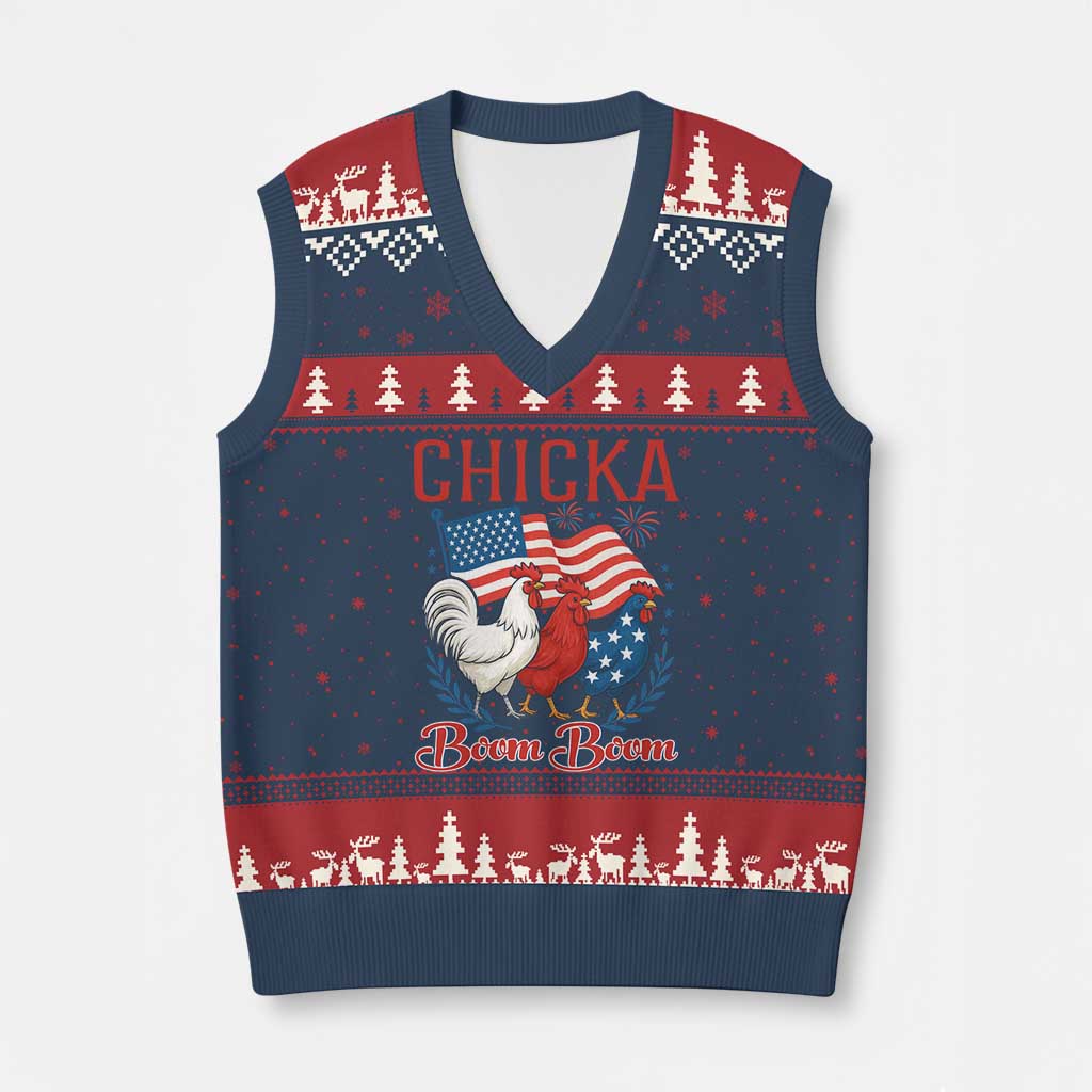Chicka Boom Boom Patriotic Chicken V-Neck Knit Sweater Vest Funny Patriotic 4th of July Red White and Blue Farm - Wonder Print Shop