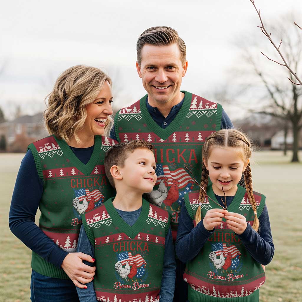 Chicka Boom Boom Patriotic Chicken V-Neck Knit Sweater Vest Funny Patriotic 4th of July Red White and Blue Farm - Wonder Print Shop