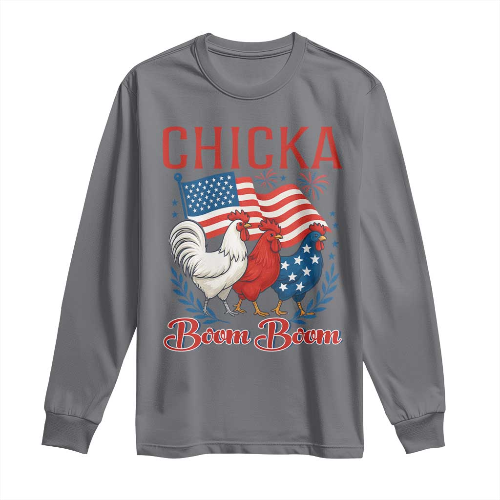 Chicka Boom Boom Patriotic Chicken Long Sleeve Shirt Funny Patriotic 4th of July Red White and Blue Farm - Wonder Print Shop