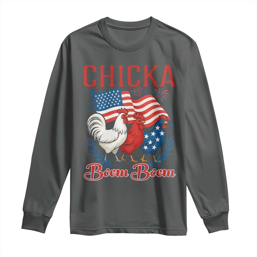 Chicka Boom Boom Patriotic Chicken Long Sleeve Shirt Funny Patriotic 4th of July Red White and Blue Farm - Wonder Print Shop