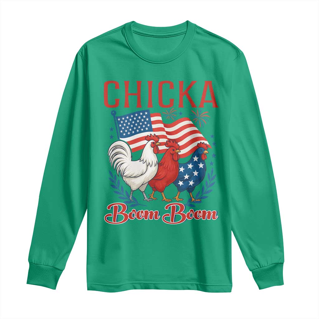 Chicka Boom Boom Patriotic Chicken Long Sleeve Shirt Funny Patriotic 4th of July Red White and Blue Farm - Wonder Print Shop
