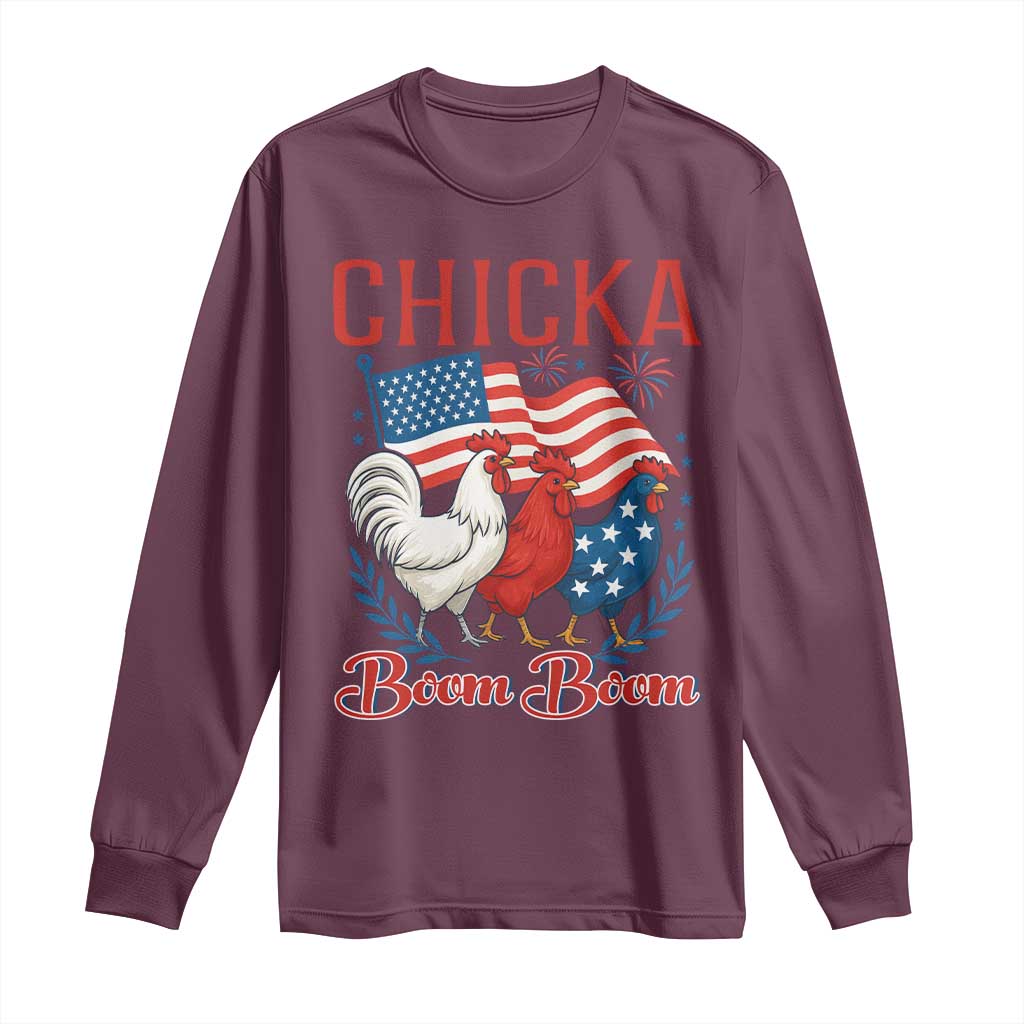 Chicka Boom Boom Patriotic Chicken Long Sleeve Shirt Funny Patriotic 4th of July Red White and Blue Farm - Wonder Print Shop