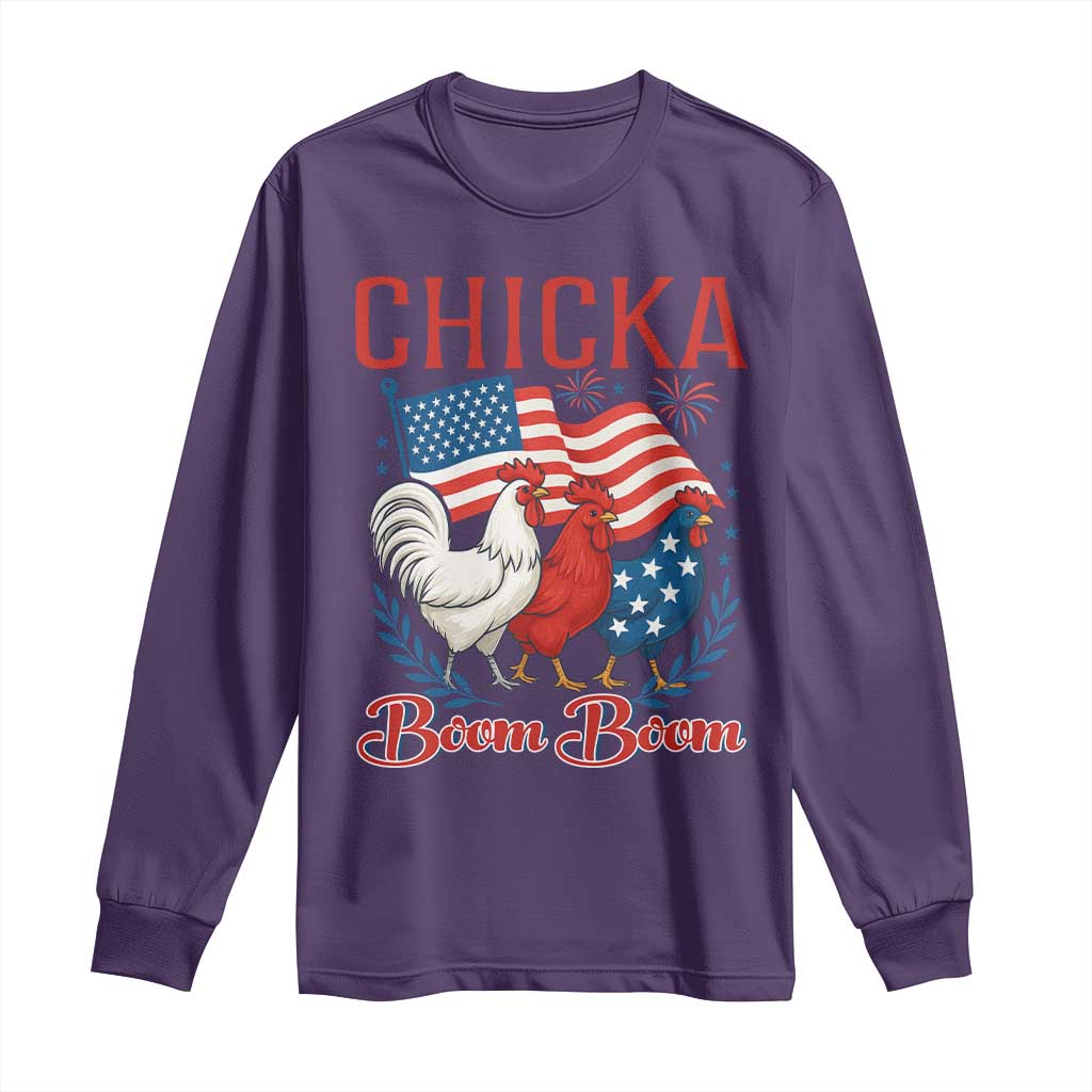 Chicka Boom Boom Patriotic Chicken Long Sleeve Shirt Funny Patriotic 4th of July Red White and Blue Farm - Wonder Print Shop