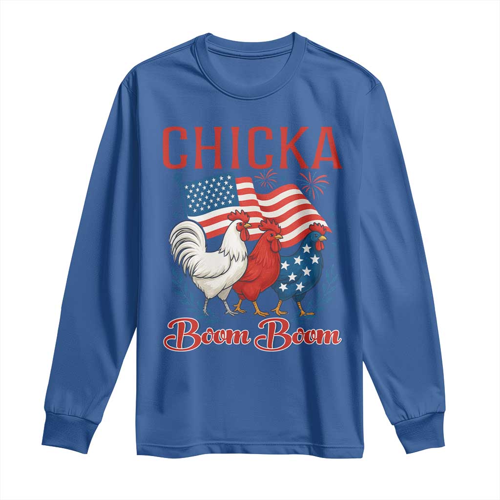 Chicka Boom Boom Patriotic Chicken Long Sleeve Shirt Funny Patriotic 4th of July Red White and Blue Farm - Wonder Print Shop