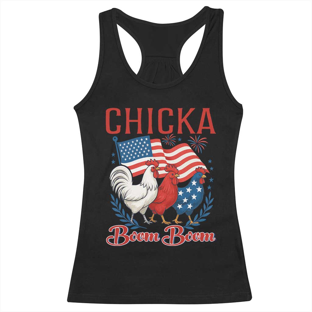 Chicka Boom Boom Patriotic Chicken Racerback Tank Top Funny Patriotic 4th of July Red White and Blue Farm - Wonder Print Shop