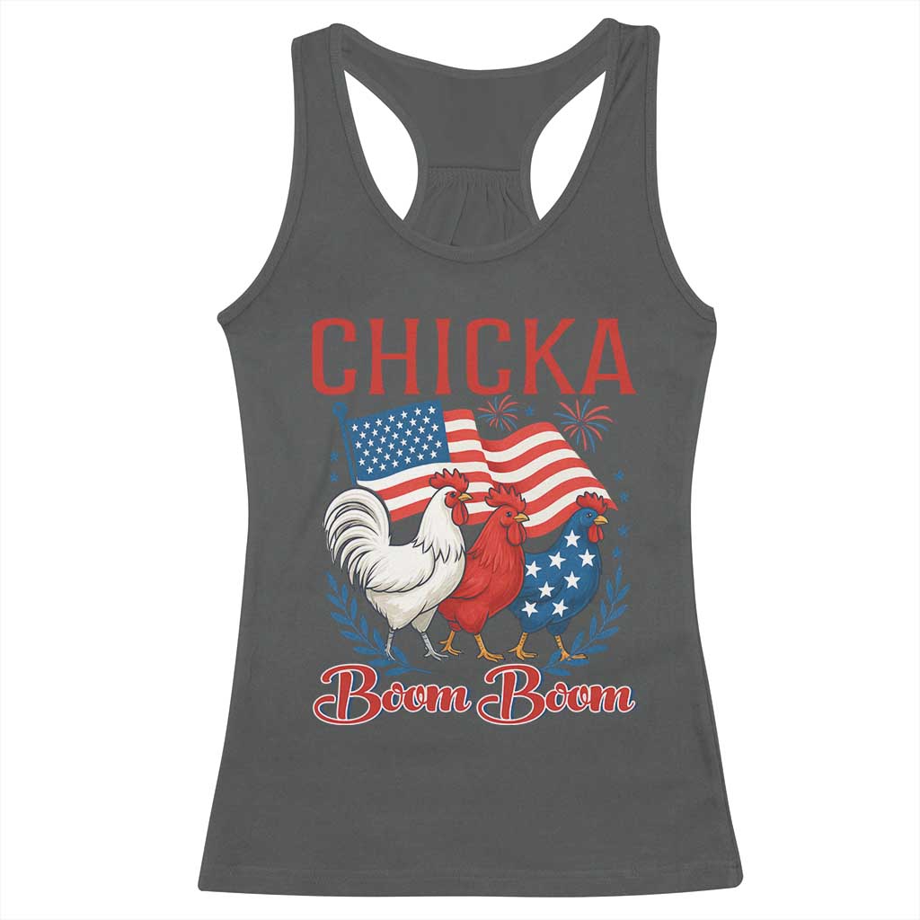 Chicka Boom Boom Patriotic Chicken Racerback Tank Top Funny Patriotic 4th of July Red White and Blue Farm - Wonder Print Shop