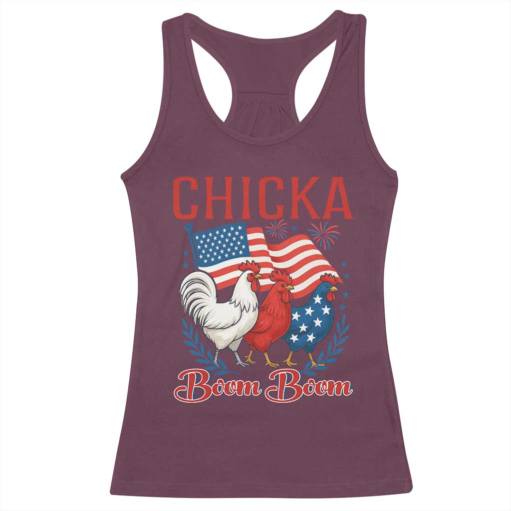 Chicka Boom Boom Patriotic Chicken Racerback Tank Top Funny Patriotic 4th of July Red White and Blue Farm - Wonder Print Shop