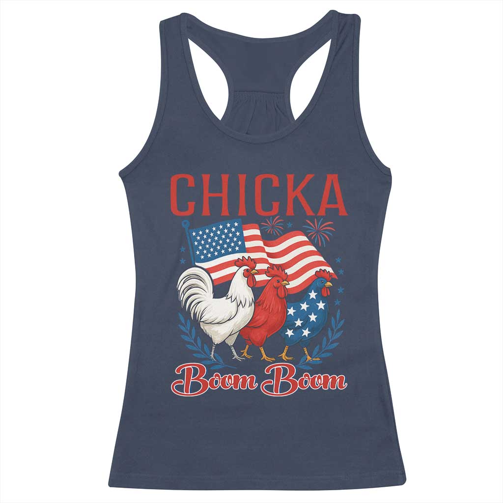 Chicka Boom Boom Patriotic Chicken Racerback Tank Top Funny Patriotic 4th of July Red White and Blue Farm - Wonder Print Shop