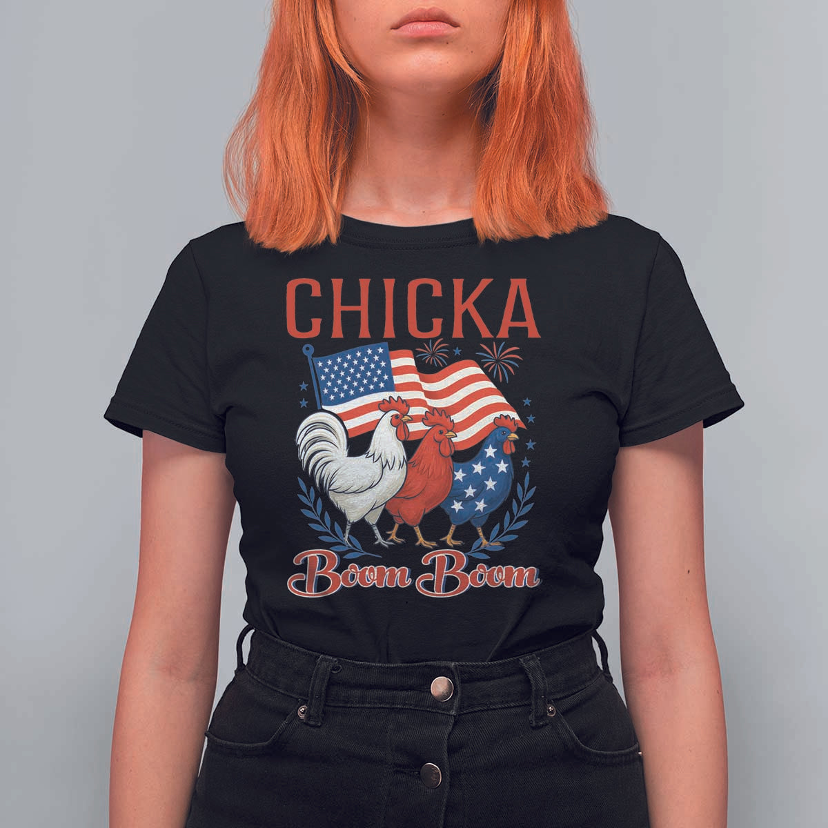 Chicka Boom Boom Patriotic Chicken T Shirt For Women Funny Patriotic 4th of July Red White and Blue Farm - Wonder Print Shop
