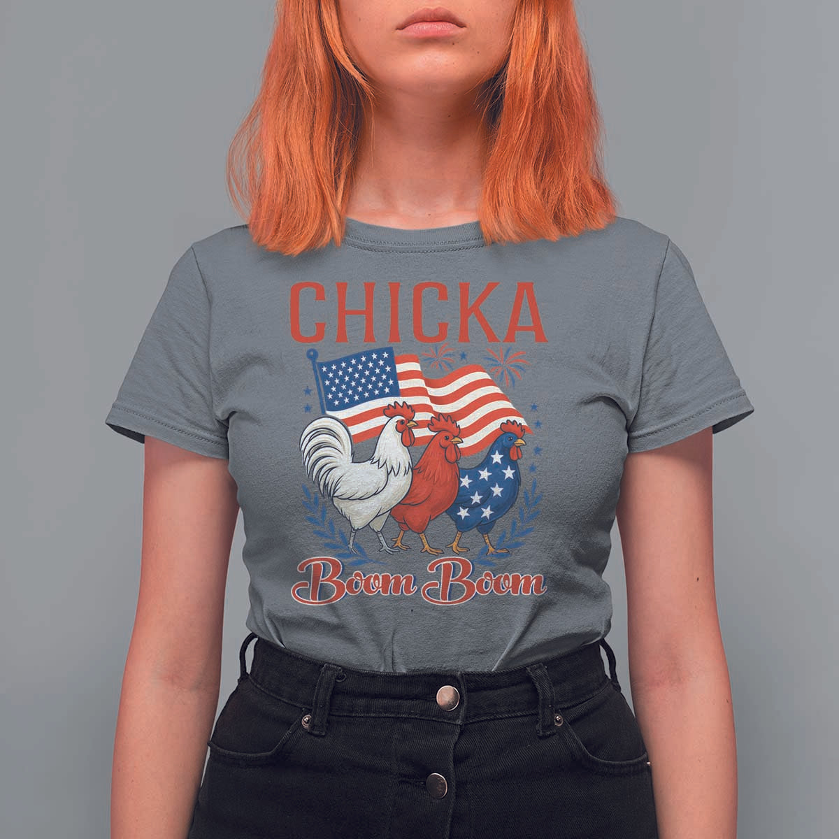 Chicka Boom Boom Patriotic Chicken T Shirt For Women Funny Patriotic 4th of July Red White and Blue Farm - Wonder Print Shop