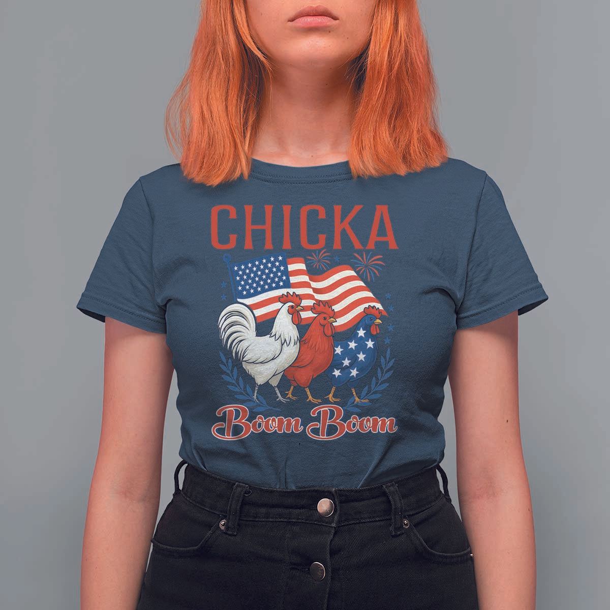 Chicka Boom Boom Patriotic Chicken T Shirt For Women Funny Patriotic 4th of July Red White and Blue Farm - Wonder Print Shop