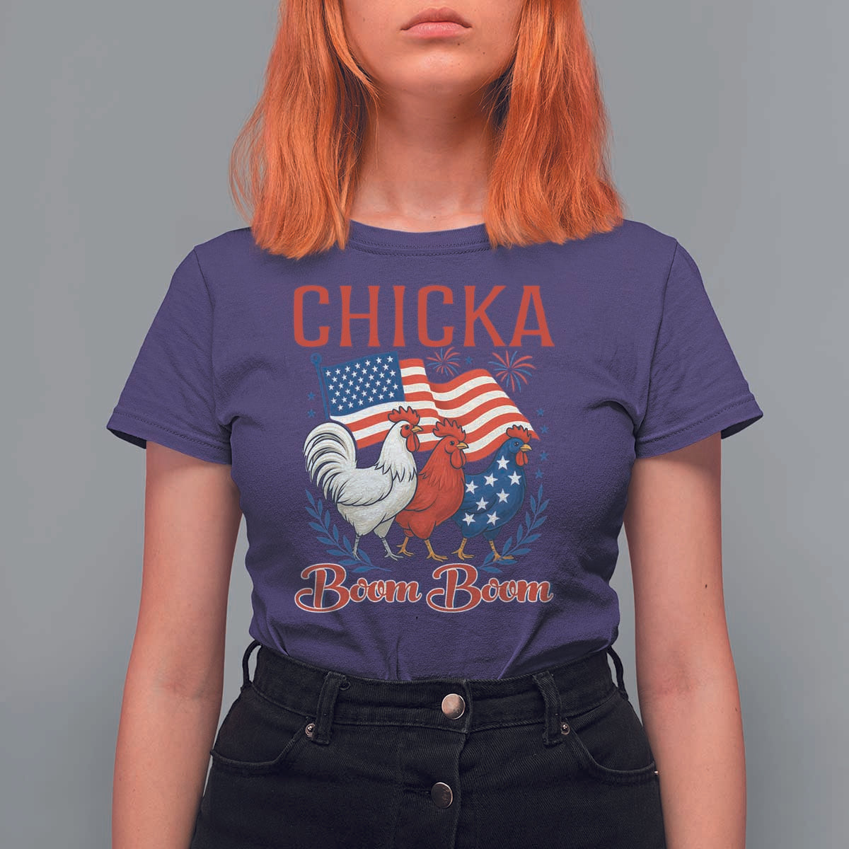 Chicka Boom Boom Patriotic Chicken T Shirt For Women Funny Patriotic 4th of July Red White and Blue Farm - Wonder Print Shop