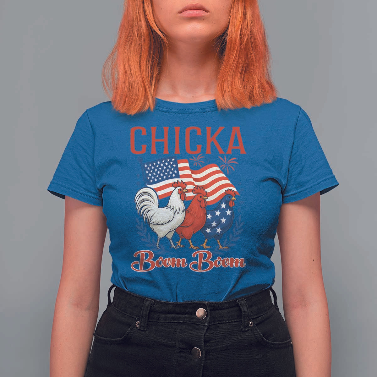 Chicka Boom Boom Patriotic Chicken T Shirt For Women Funny Patriotic 4th of July Red White and Blue Farm - Wonder Print Shop