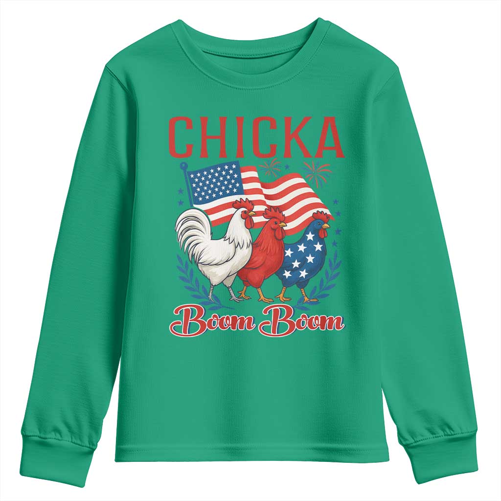 Chicka Boom Boom Patriotic Chicken Youth Sweatshirt Funny Patriotic 4th of July Red White and Blue Farm - Wonder Print Shop