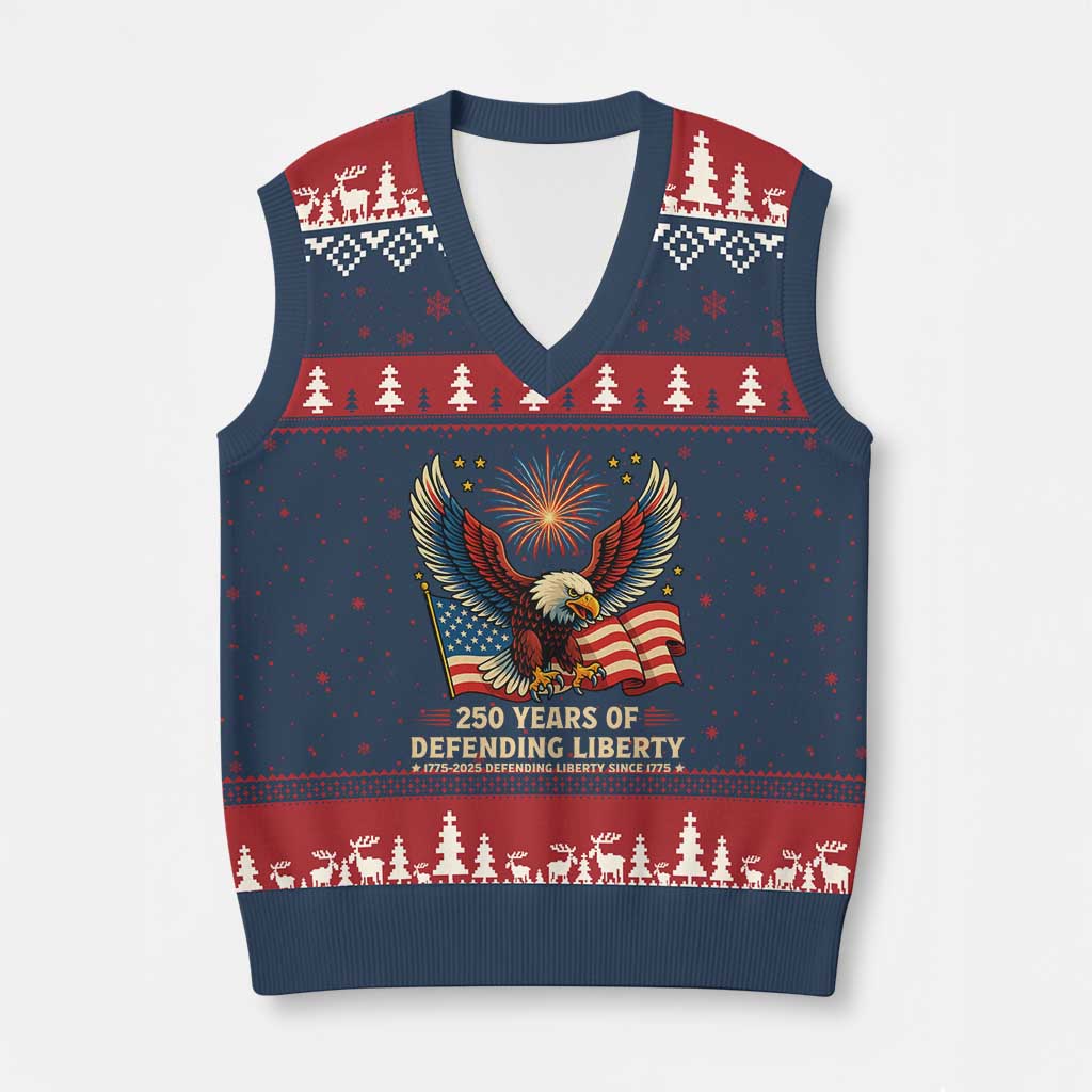 Patriotic Eagle US Army 250th Anniversary V-Neck Knit Sweater Vest 250 Years of Defending Liberty 1775 2025 - Wonder Print Shop
