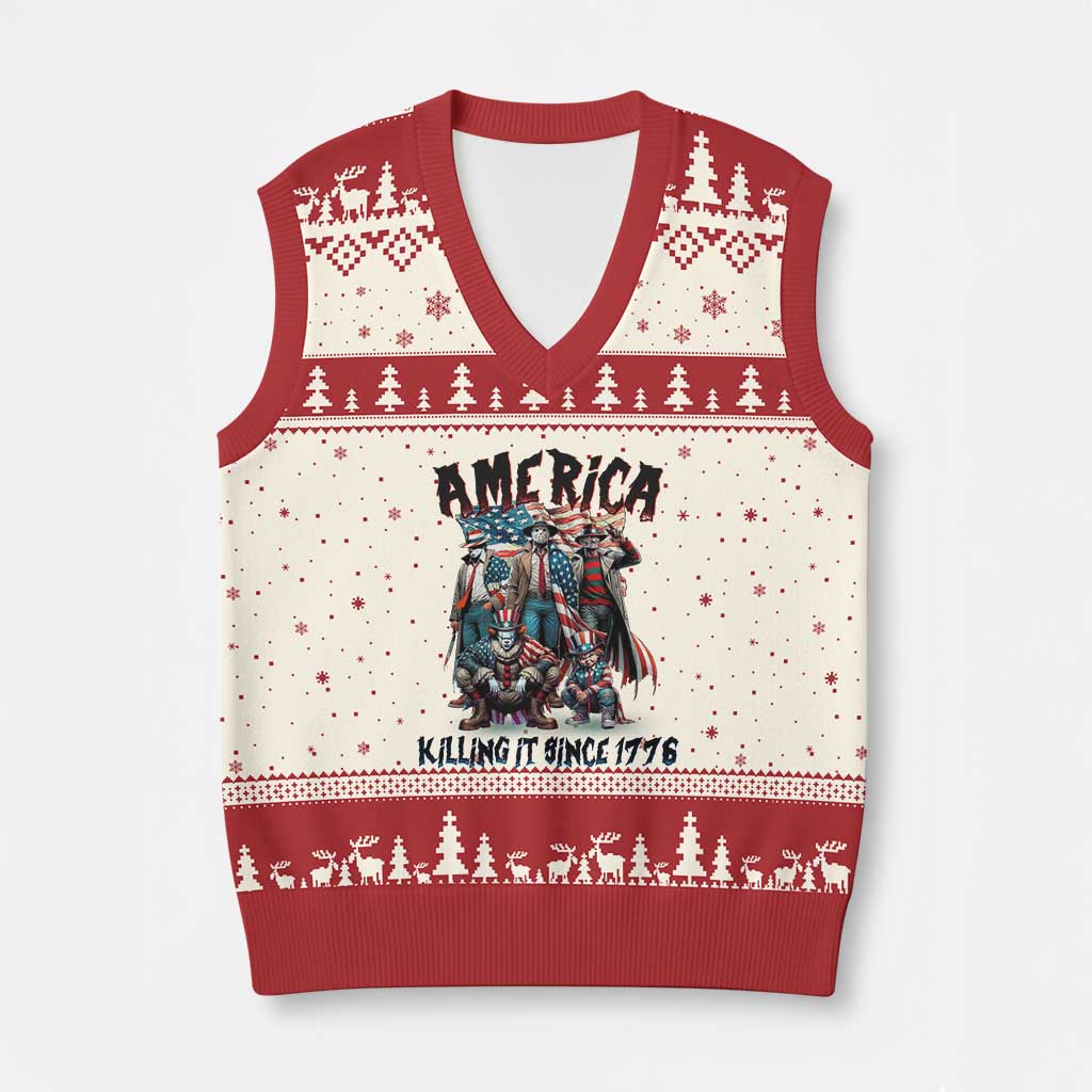 Patriotic Horror Mashup V-Neck Knit Sweater Vest America Killing It Since 1776 - Wonder Print Shop