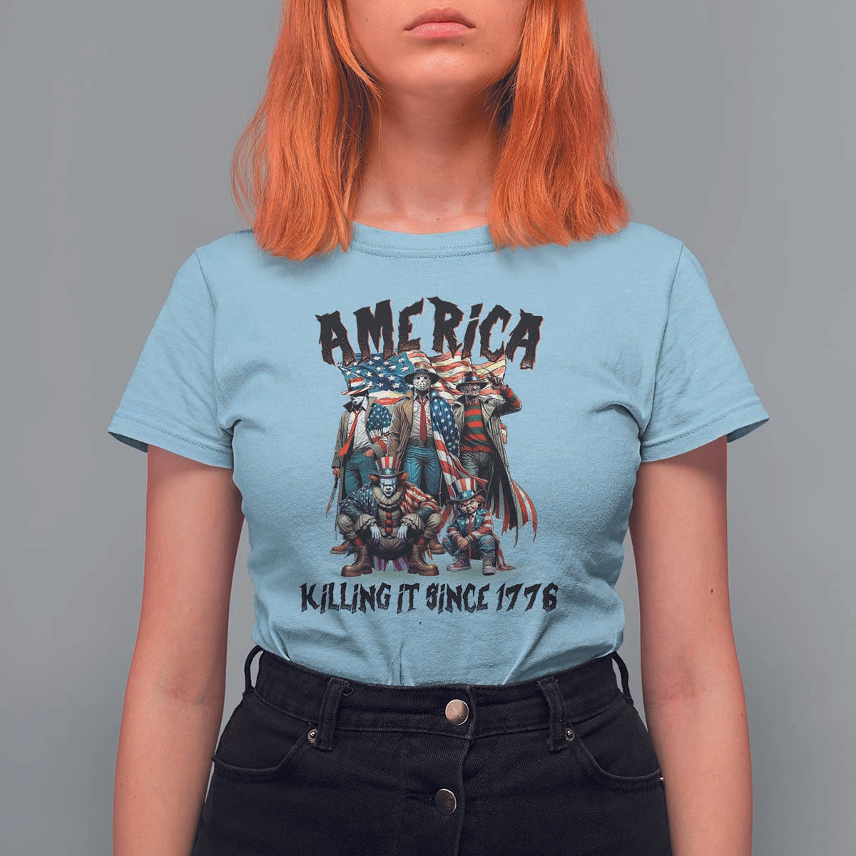 Patriotic Horror Mashup T Shirt For Women America Killing It Since 1776