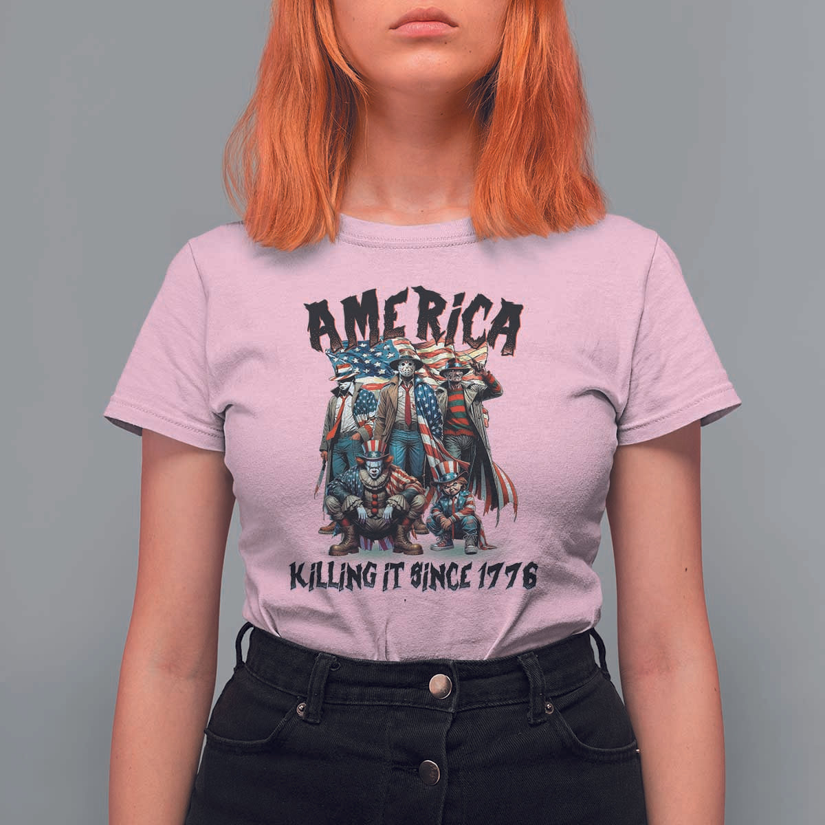 Patriotic Horror Mashup T Shirt For Women America Killing It Since 1776