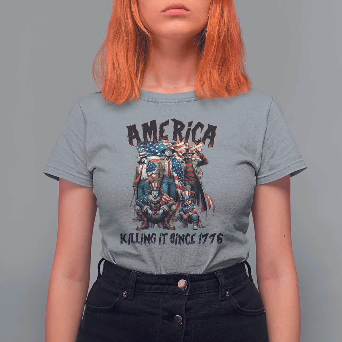 Patriotic Horror Mashup T Shirt For Women America Killing It Since 1776