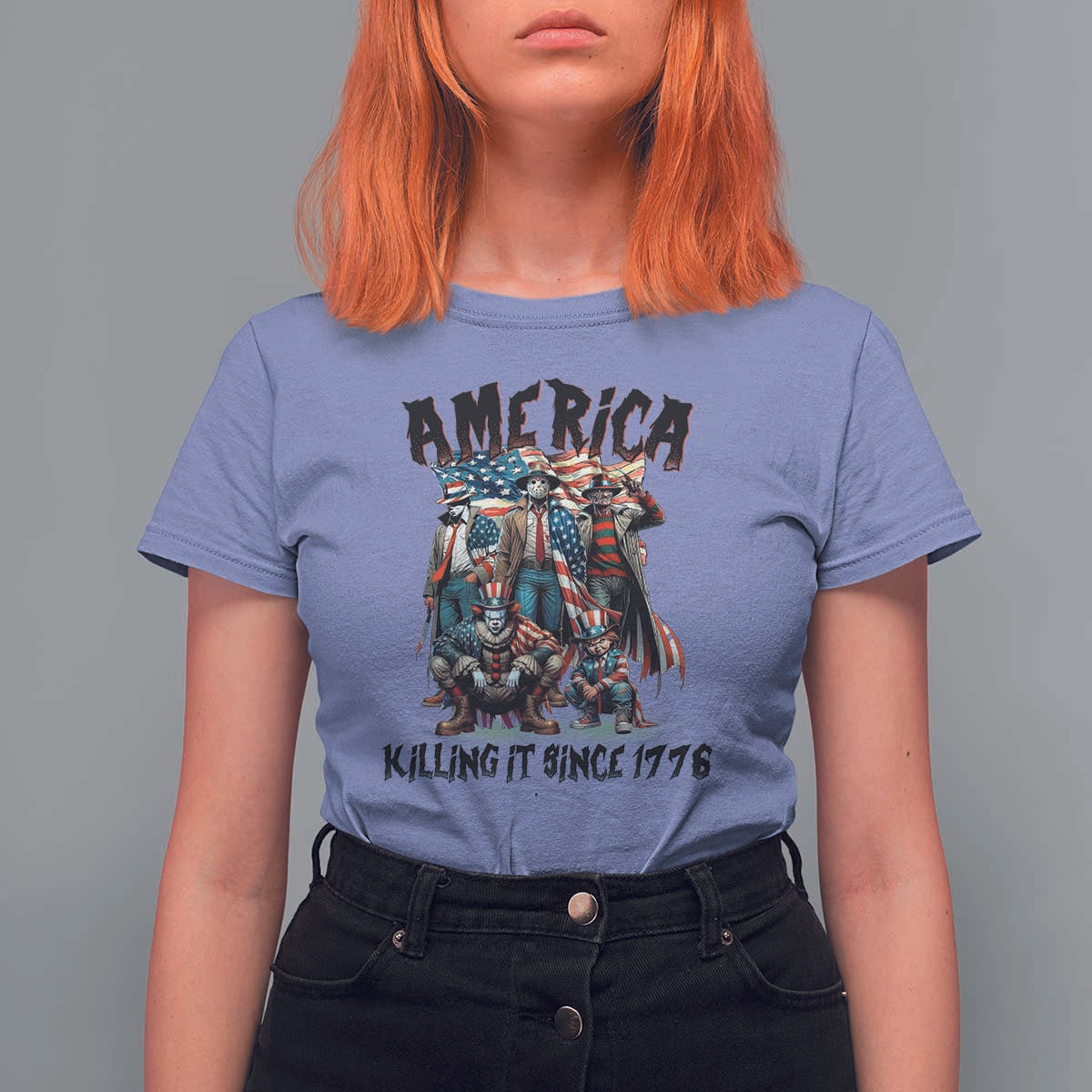 Patriotic Horror Mashup T Shirt For Women America Killing It Since 1776