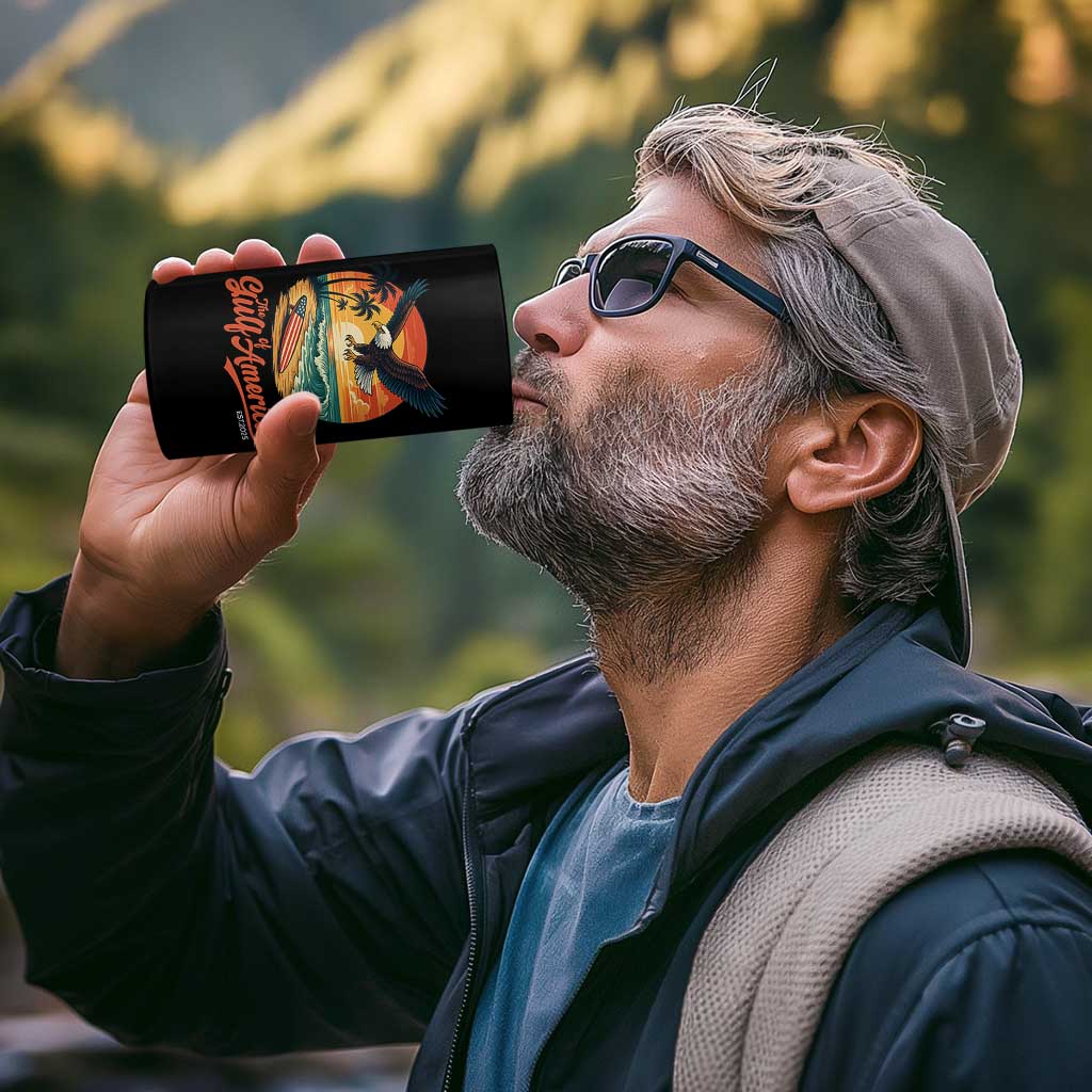 Gulf of USA 2025 Bald Eagle 4 in 1 Can Cooler Tumbler Vintage Patriotic Beach Sunset 4th Of July - Wonder Print Shop