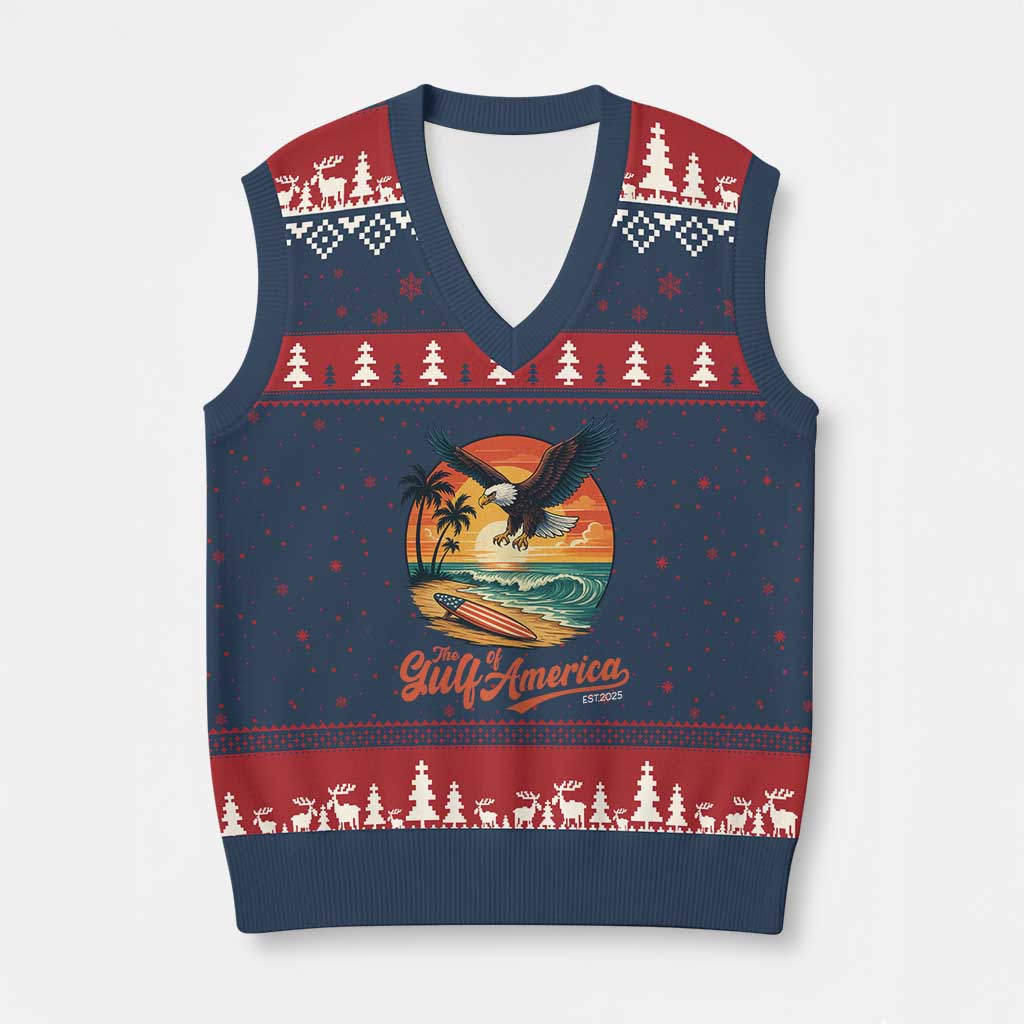 Gulf of USA 2025 Bald Eagle V-Neck Knit Sweater Vest Vintage Patriotic Beach Sunset 4th Of July - Wonder Print Shop