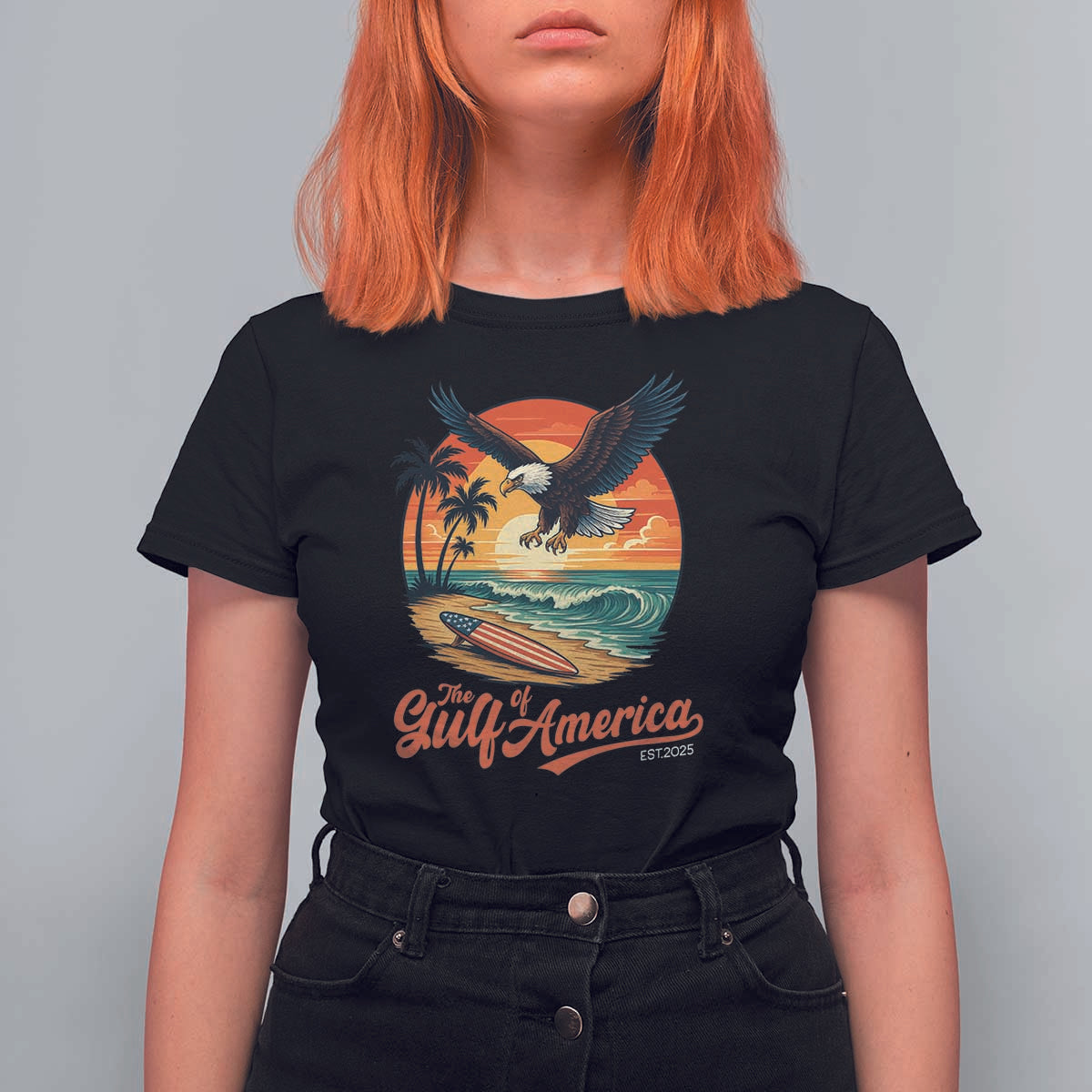 Gulf of America 2025 Bald Eagle T Shirt For Women Vintage Patriotic Beach Sunset 4th Of July - Wonder Print Shop