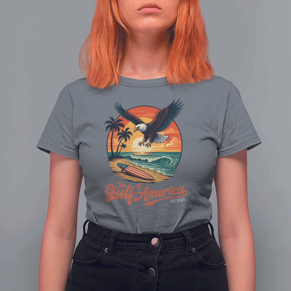 Gulf of America 2025 Bald Eagle T Shirt For Women Vintage Patriotic Beach Sunset 4th Of July - Wonder Print Shop